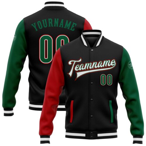 Jacket0516 Custom Black Kelly Green-Red Bomber Full-Snap Varsity Letterman Two Tone Jacket