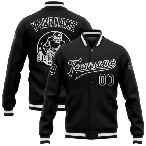 Jacket0523 Custom Black Black-White Bomber Full-Snap Varsity Letterman Jacket