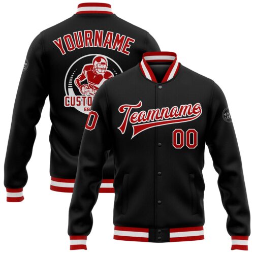 Jacket0525 Custom Black Red-White Bomber Full-Snap Varsity Letterman Jacket
