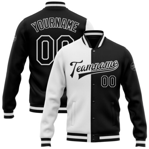 Jacket0537 Custom White Black Bomber Full-Snap Varsity Letterman Split Fashion Jacket