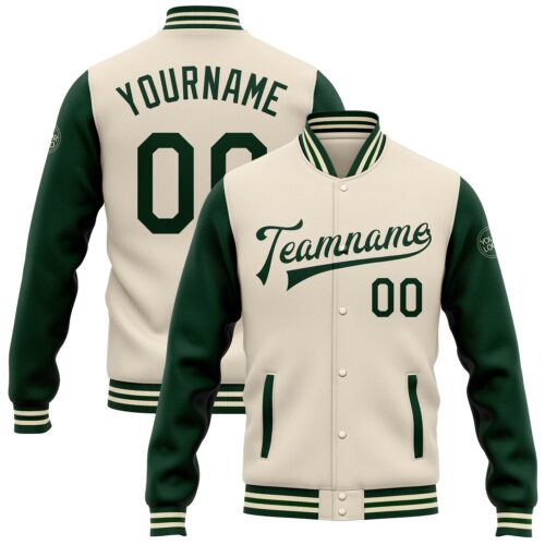Jacket0550 Custom Cream Green Bomber Full-Snap Varsity Letterman Two Tone Jacket