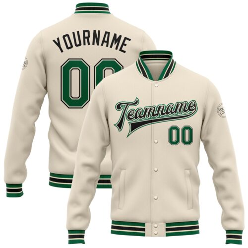 Jacket0562 Custom Cream Kelly Green-Black Bomber Full-Snap Varsity Letterman Jacket