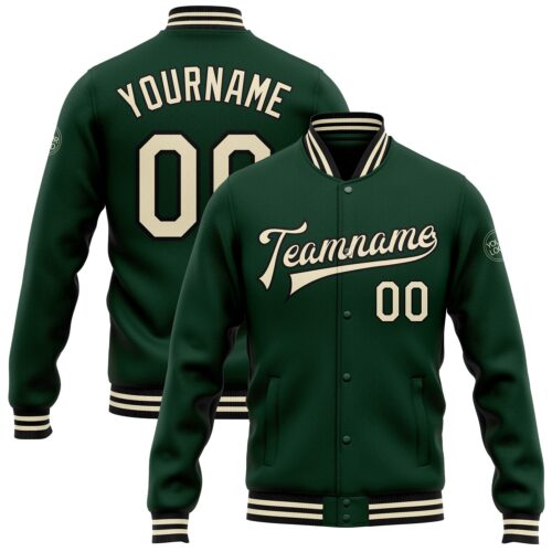 Jacket0563 Custom Green Cream-Black Bomber Full-Snap Varsity Letterman Jacket