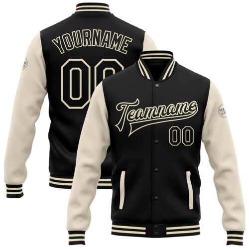 Jacket0568 Custom Black Black-Cream Bomber Full-Snap Varsity Letterman Two Tone Jacket