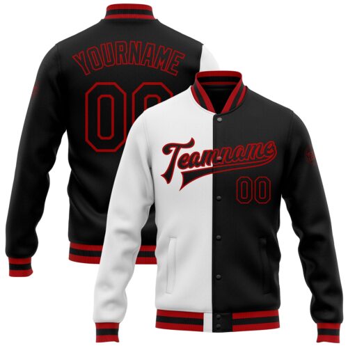 Jacket0573 Custom White Black-Red Bomber Full-Snap Varsity Letterman Split Fashion Jacket