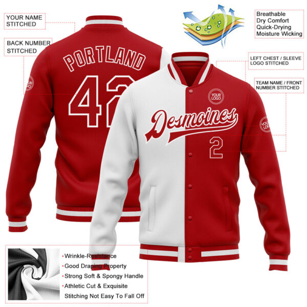 Custom White Red Bomber Full-Snap Varsity Letterman Split Fashion Jacket
