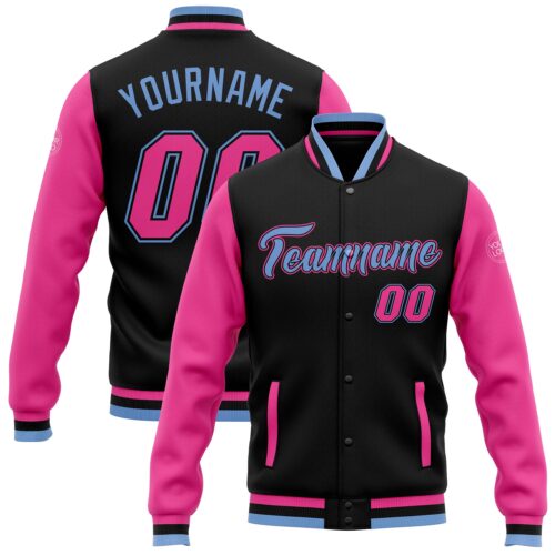 Jacket0666 Custom Black Pink-Light Blue Bomber Full-Snap Varsity Letterman Two Tone Jacket