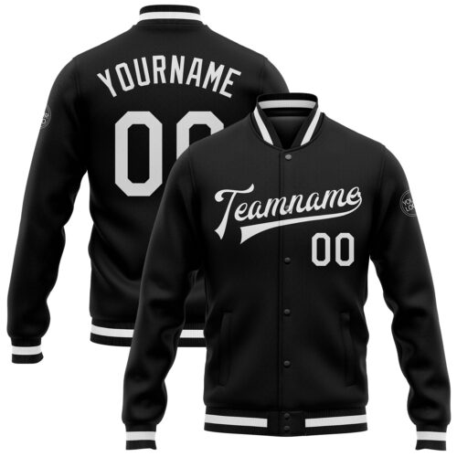 Jacket0683 Custom Black White Bomber Full-Snap Varsity Letterman Jacket