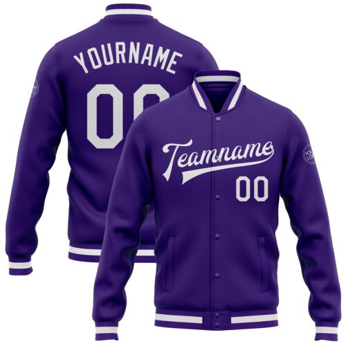 Jacket0687 Custom Purple White Bomber Full-Snap Varsity Letterman Jacket