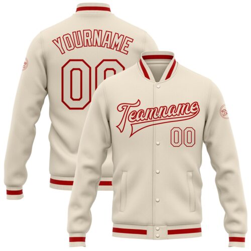 Jacket0714 Custom Cream Cream-Red Bomber Full-Snap Varsity Letterman Jacket