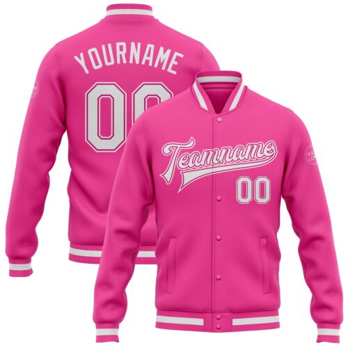 Jacket0728 Custom Pink White Bomber Full-Snap Varsity Letterman Jacket