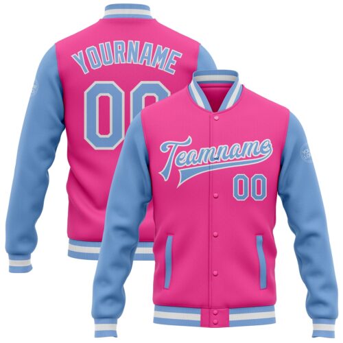 Jacket0734 Custom Pink Light Blue-White Bomber Full-Snap Varsity Letterman Two Tone Jacket