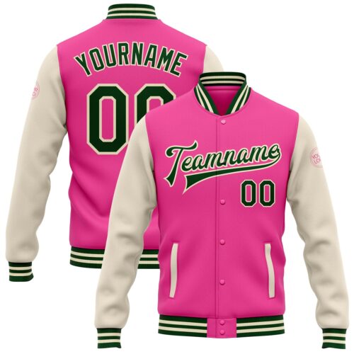 Jacket0739 Custom Pink Green-Cream Bomber Full-Snap Varsity Letterman Two Tone Jacket