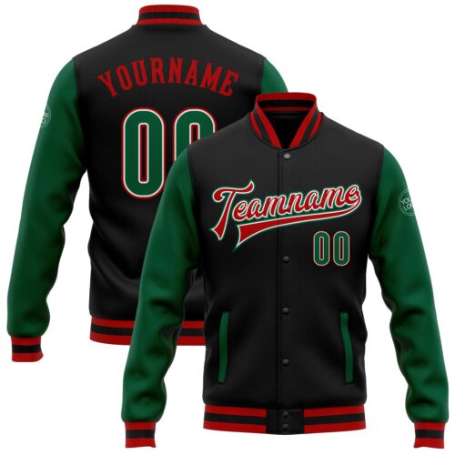 Jacket0757 Custom Black Kelly Green-Red Bomber Full-Snap Varsity Letterman Two Tone Jacket