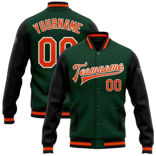 Jacket0772 Custom Green Orange-Black Bomber Full-Snap Varsity Letterman Two Tone Jacket