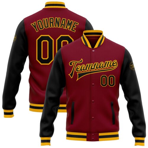 Jacket0777 Custom Crimson Black-Gold Bomber Full-Snap Varsity Letterman Two Tone Jacket