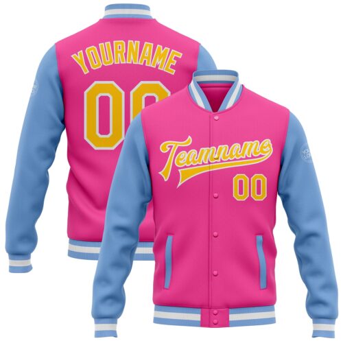 Jacket0804 Custom Pink Yellow-Light Blue Bomber Full-Snap Varsity Letterman Two Tone Jacket