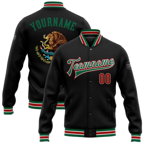 Jacket0812 Custom Black Red-Kelly Green Mexico 3D Bomber Full-Snap Varsity Letterman Jacket