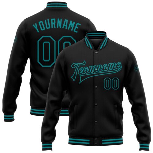 Jacket0824 Custom Black Teal Bomber Full-Snap Varsity Letterman Jacket