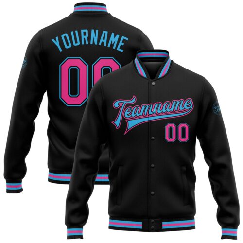 Jacket0830 Custom Black Pink-Sky Blue Bomber Full-Snap Varsity Letterman Jacket