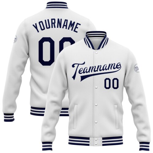 Jacket0870 Custom White Navy Bomber Full-Snap Varsity Letterman Jacket