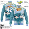 Custom Light Blue White Heron And Cloud 3D Pattern Design Bomber Full-Snap Varsity Letterman Jacket