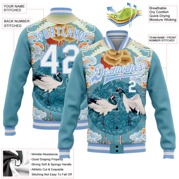 Custom Light Blue White Heron And Cloud 3D Pattern Design Bomber Full-Snap Varsity Letterman Jacket