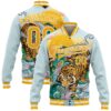 Custom Lakes Blue Gold-White Tiger 3D Pattern Design Bomber Full-Snap Varsity Letterman Jacket