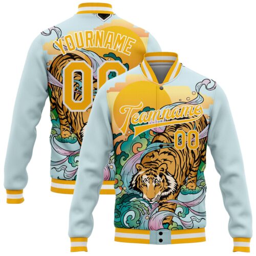 Jacket1072 Custom Lakes Blue Gold-White Tiger 3D Pattern Design Bomber Full-Snap Varsity Letterman Jacket