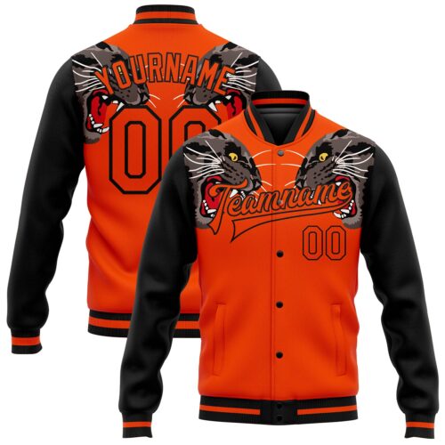 Jacket1077 Custom Orange Black Leopard 3D Pattern Design Bomber Full-Snap Varsity Letterman Jacket