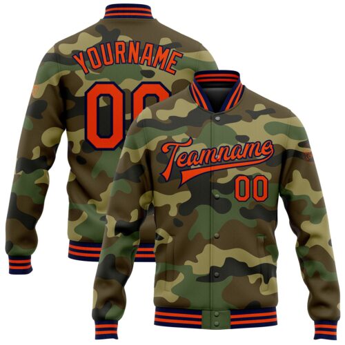Jacket1124 Custom Camo Orange-Navy Bomber Full-Snap Varsity Letterman Salute To Service Jacket