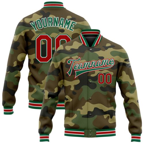 Jacket1136 Custom Camo Red-Kelly Green Bomber Full-Snap Varsity Letterman Salute To Service Jacket