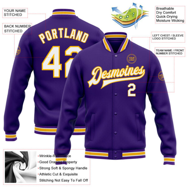 Custom Purple White-Gold Bomber Full-Snap Varsity Letterman Jacket