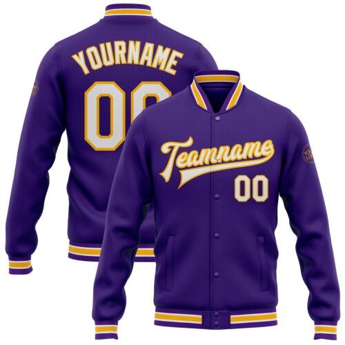 Jacket1266 Custom Purple White-Gold Bomber Full-Snap Varsity Letterman Jacket