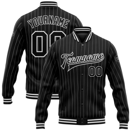 Jacket1436 Custom Black White Pinstripe White Bomber Full-Snap Varsity Letterman Jacket