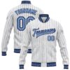 Custom White Navy Pinstripe Light Blue Bomber Full-Snap Varsity Letterman Jacket