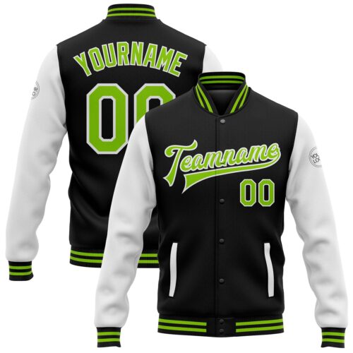 Jacket1574 Custom Black Neon Green-White Bomber Full-Snap Varsity Letterman Two Tone Jacket