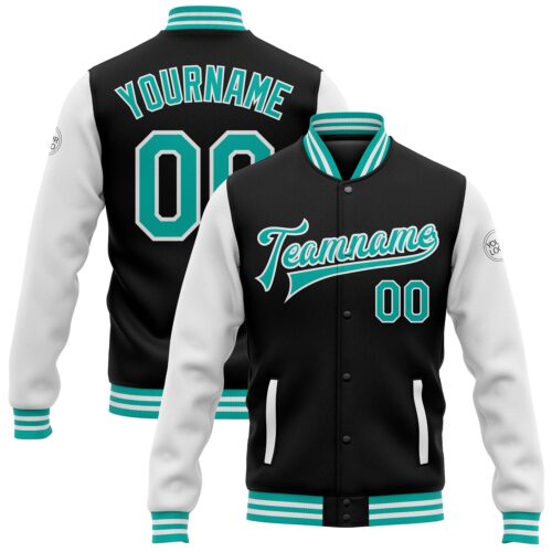Jacket1575 Custom Black Aqua-White Bomber Full-Snap Varsity Letterman Two Tone Jacket