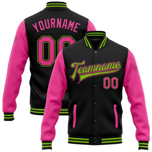 Jacket1585 Custom Black Pink-Neon Green Bomber Full-Snap Varsity Letterman Two Tone Jacket