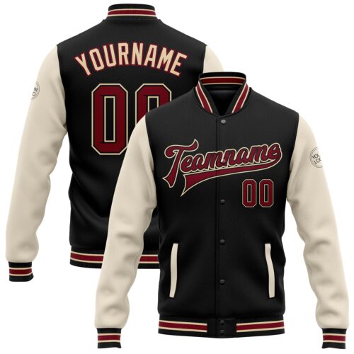 Jacket1636 Custom Black Crimson City Cream-Cream Bomber Full-Snap Varsity Letterman Two Tone Jacket