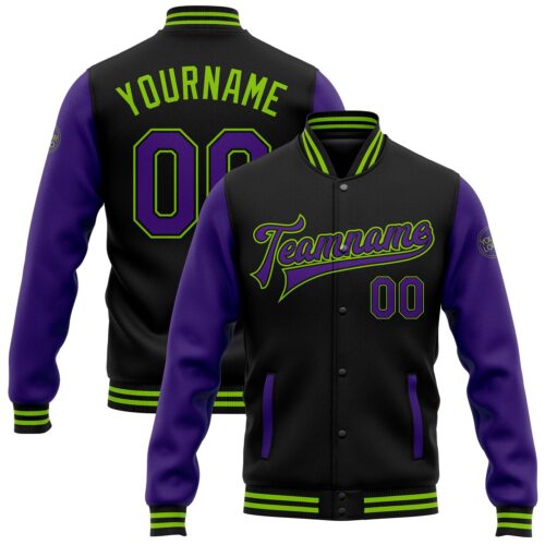 Jacket1657 Custom Black Purple-Neon Green Bomber Full-Snap Varsity Letterman Two Tone Jacket