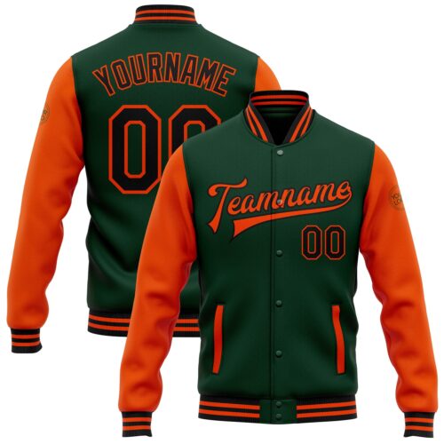 Jacket1743 Custom Green Black-Orange Bomber Full-Snap Varsity Letterman Two Tone Jacket