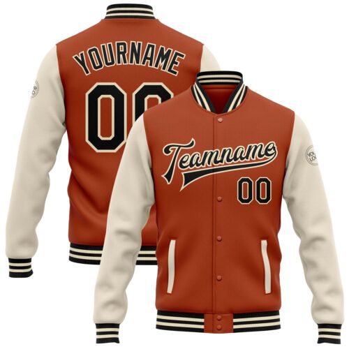 Jacket1766 Custom Texas Orange Black-Cream Bomber Full-Snap Varsity Letterman Two Tone Jacket