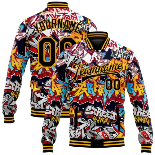 Jacket1948 Custom Graffiti Pattern Black-Gold Grunge Urban Street Art 3D Bomber Full-Snap Varsity Letterman Jacket