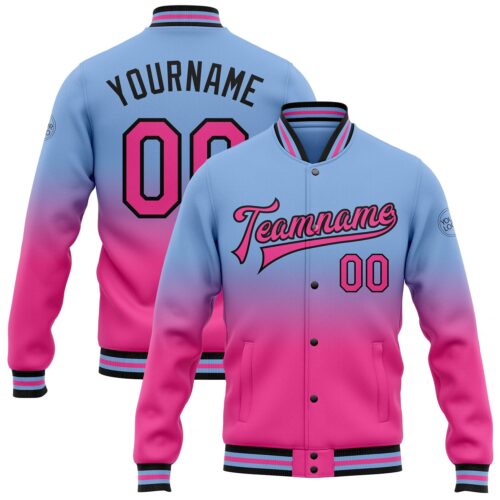 Jacket1986 Custom Light Blue Pink-Black Bomber Full-Snap Varsity Letterman Fade Fashion Jacket