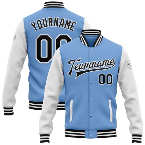 Jacket2003 Custom Light Blue Black-White Bomber Full-Snap Varsity Letterman Two Tone Jacket