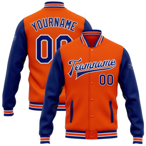 Jacket2100 Custom Orange Royal-White Bomber Full-Snap Varsity Letterman Two Tone Jacket