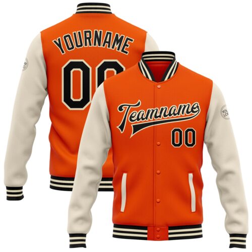 Jacket2108 Custom Orange Black-Cream Bomber Full-Snap Varsity Letterman Two Tone Jacket
