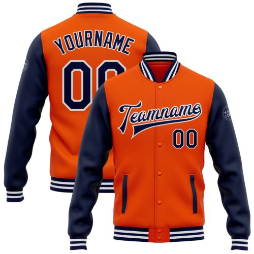 Jacket2111 Custom Orange Navy-White Bomber Full-Snap Varsity Letterman Two Tone Jacket