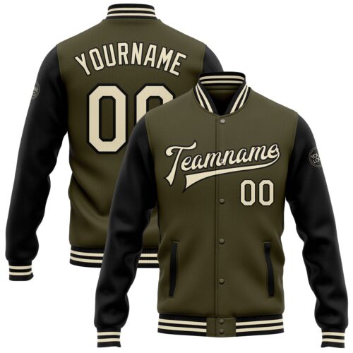 Jacket2115 Custom Olive Cream-Black Bomber Full-Snap Varsity Letterman Two Tone Salute To Service Jacket